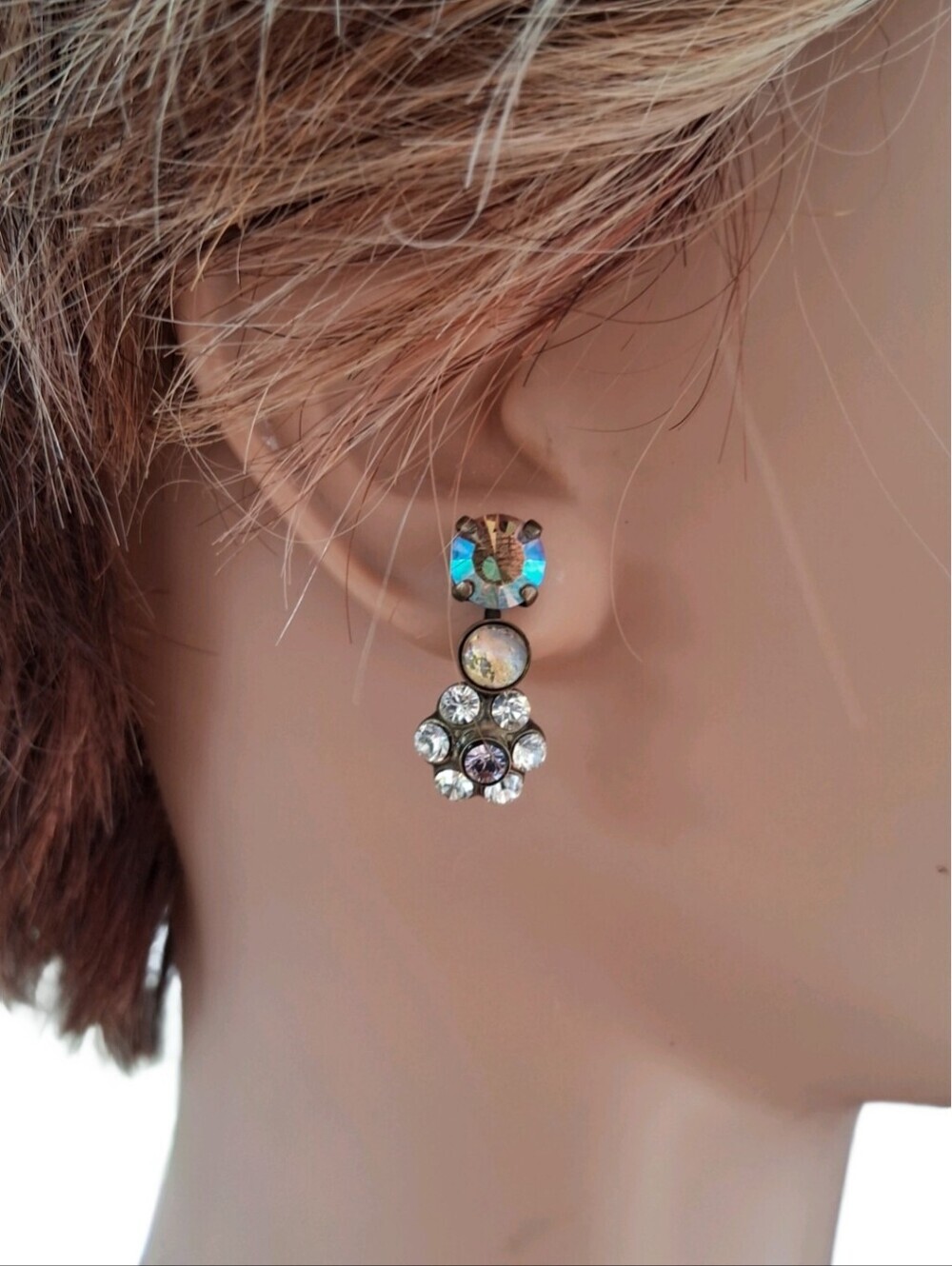 Vintage Sorrelli Crystal Drop Earrings Antique Brass Floral Aurora Borealis